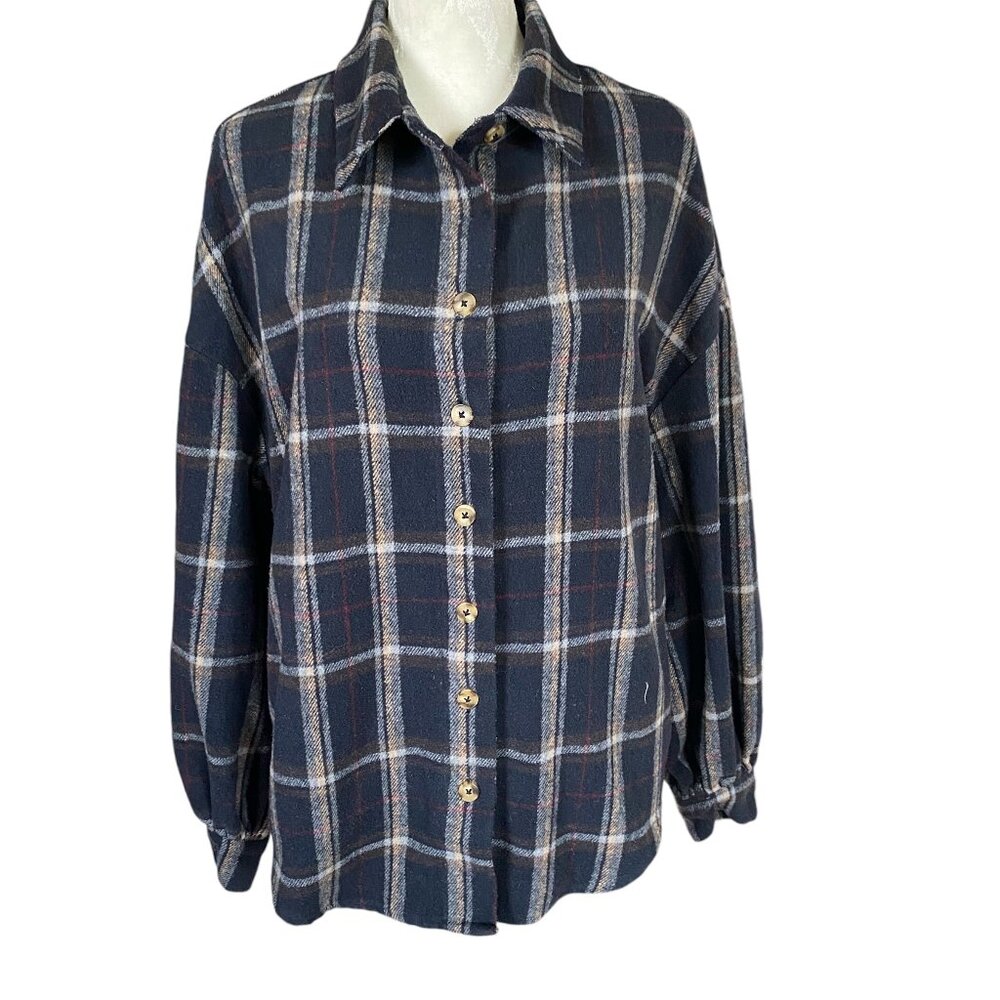 SHEIN women's PS black plaid long sleeve collared button down flannel shirt